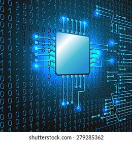 Drawing modern electronic circuit and  binary code on blue glowing background
