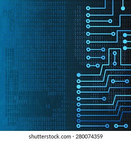 Drawing modern electronic circuit and  binary code on blue grungy background