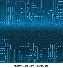 Drawing modern electronic circuit and  binary code on blue grungy background