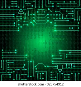 Drawing modern electronic circuit and  binary code on blue grungy background