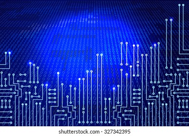 Drawing modern electronic circuit and  binary code on blue background