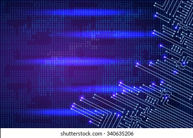 Drawing modern electronic circuit and  binary code on blue background