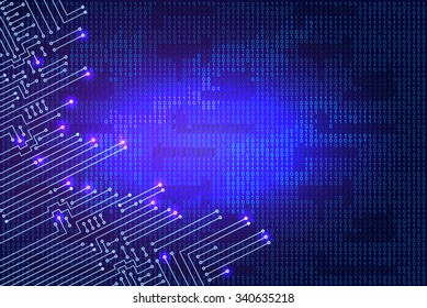Drawing modern electronic circuit and  binary code on blue background