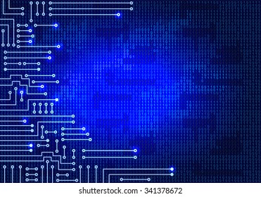 Drawing modern electronic circuit and  binary code on blue background
