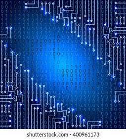 Drawing modern electronic circuit and binary code on blue background