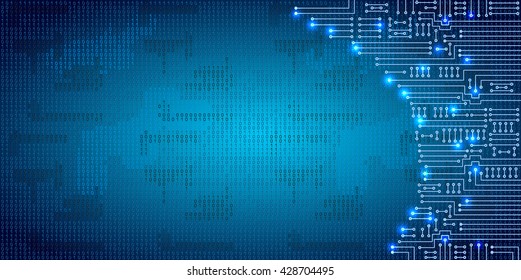 Drawing modern electronic circuit and  binary code on blue grungy background