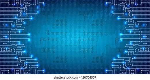 Drawing modern electronic circuit and  binary code on blue grungy background