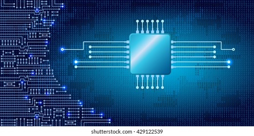 Drawing modern electronic circuit and  binary code on blue background