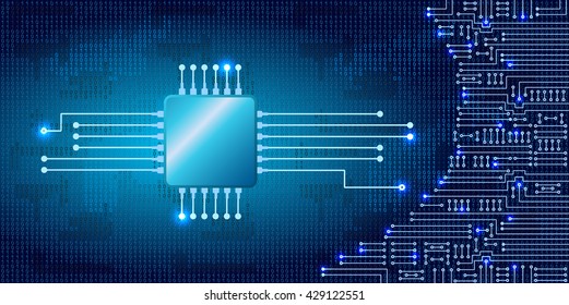Drawing modern electronic circuit and  binary code on blue background