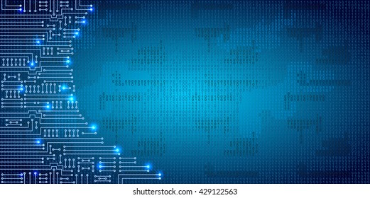 Drawing modern electronic circuit and  binary code on blue grungy background