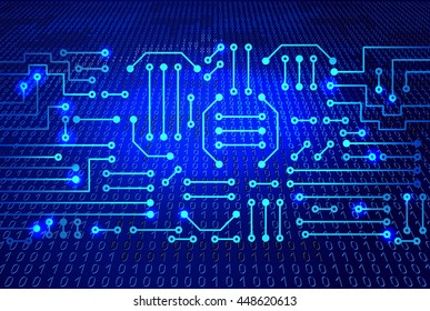 Drawing modern electronic circuit and  binary code on blue background