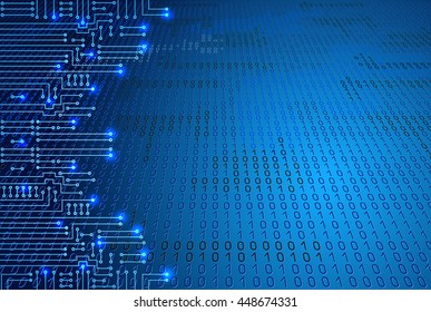 Drawing modern electronic circuit and  binary code on blue background