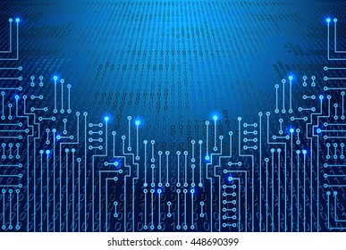 Drawing modern electronic circuit and  binary code on blue background