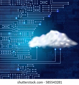 Drawing modern electronic circuit with digital concept cloud and binary code. Data storage concept for electronics system.