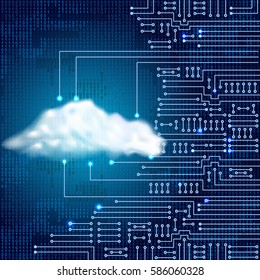Drawing modern electronic circuit with digital concept cloud and binary code. Data storage concept for electronics system.