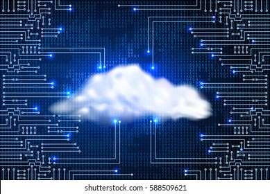 Drawing modern electronic circuit with digital concept cloud and binary code. Data storage concept for electronics system.