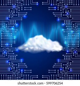 Drawing modern electronic circuit with digital concept cloud. Data storage concept for electronics system.