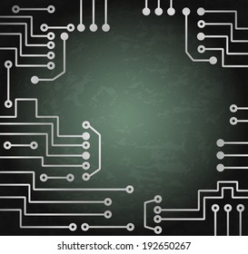 Drawing modern electronic circuit on green grungy background