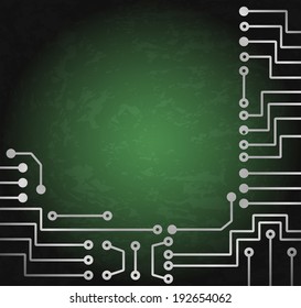 Drawing modern electronic circuit on green grungy background