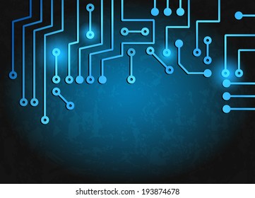 Drawing modern electronic circuit on blue grungy background
