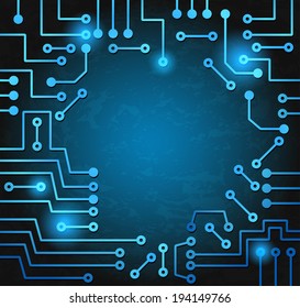 Drawing modern electronic circuit on blue grungy background