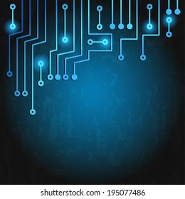 Drawing modern electronic circuit on blue grungy background