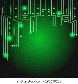 Drawing modern electronic circuit on green grungy background