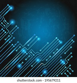 Drawing modern electronic circuit on blue grungy background