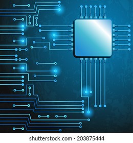 Drawing modern electronic circuit on blue grungy background