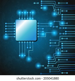 Drawing modern electronic circuit on blue grungy background