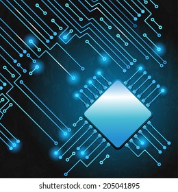 Drawing modern electronic circuit on blue grungy background