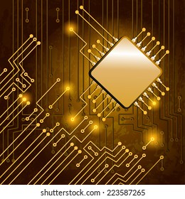 Drawing modern electronic circuit on blue grungy background