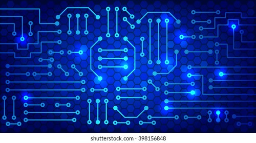 Drawing modern electronic circuit on cells pattern and blue glowing background