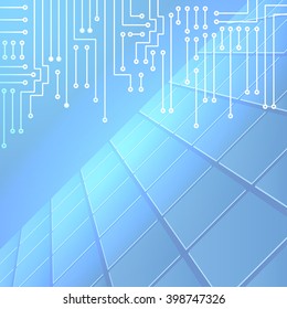 Drawing modern electronic circuit on cells pattern and blue glowing background
