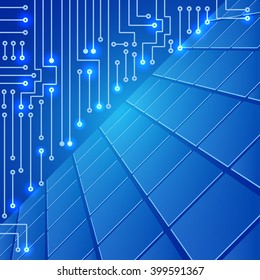 Drawing modern electronic circuit on cells pattern and blue glowing background