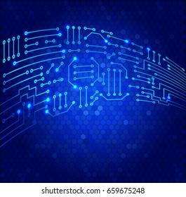 Drawing modern electronic circuit on cells pattern and blue glowing background