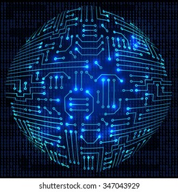 Drawing modern electronic sphere  circuit and  binary code 