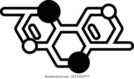 A drawing of a molecule with a Black and white circle in the middle. The molecule is orange and yellow