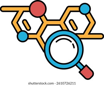 A drawing of a molecule with a magnifying glass over it. The drawing is colorful and has a scientific feel to it
