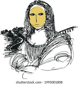 A drawing of Mona Lisa painting in a graphic style. Gioconda by Leonardo da Vinci. Vector illustration. 