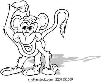 Drawing of a Monkey with a Big Smile Pointing a Finger at its Head - Cartoon Illustration Isolated on White Background, Vector