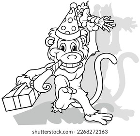 Drawing of a Monkey with Gift in Hand and Bouquet - Cartoon Illustration Isolated on White Background, Vector