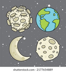 Drawing moon, moon crater, full moon, new moon. Drawing planet earth. Cartoon style.