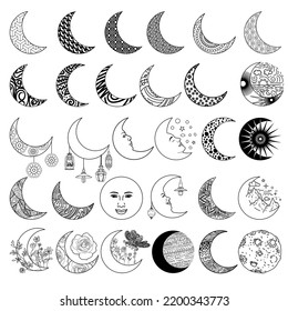 Drawing of the moon, moon face, moon ornament, and moon in a vector hand-drawn style