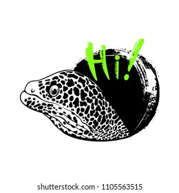 Drawing of a moray eel, looking out of a crevice with a greeting.
Black and white vector illustration.