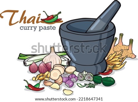 Drawing of mortars and ingredients for making Thai curry paste herbs used in making.