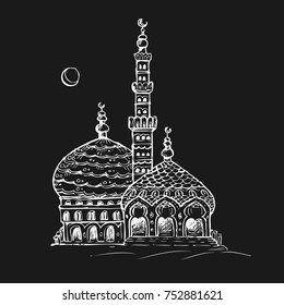 Drawing Mosque, Ramadan night. Vector card for Islamic design.