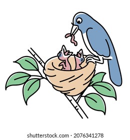 A drawing of a mother bird feeding her baby, bird's nest on the branch