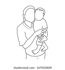 Drawing of mother holding her baby.Line art vector illustration.