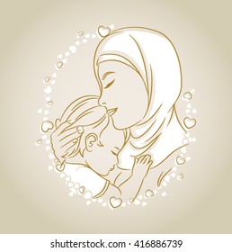 Drawing of a mother Middle East with the demonstration of affection for his son in a frame of hearts